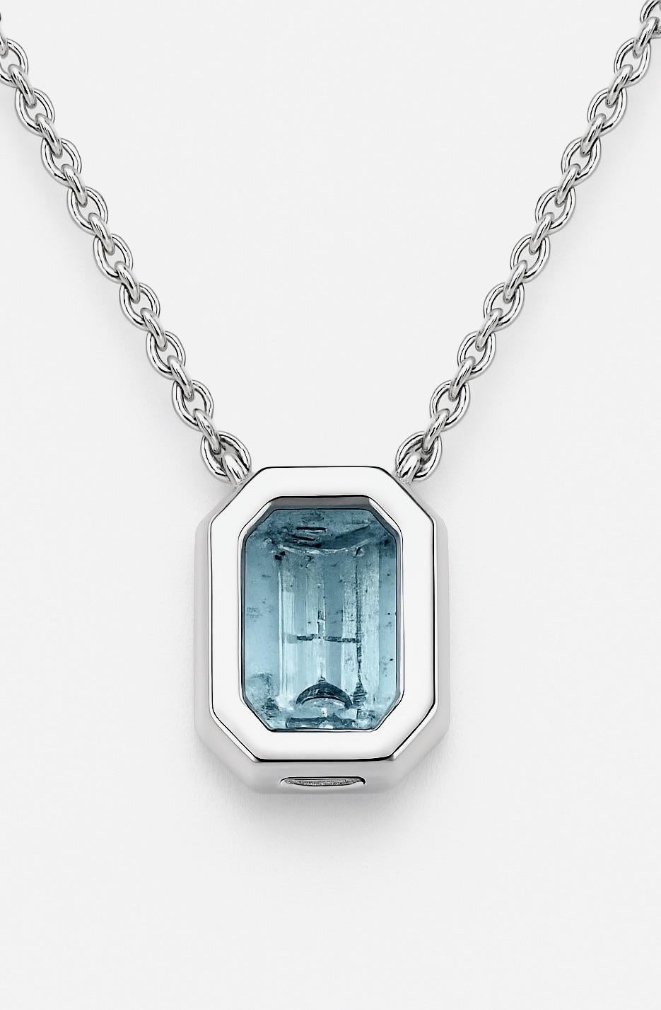 Women's or Men's Rectangle Cut Aquamarine Necklace Pendant Sterling Silver For Sale