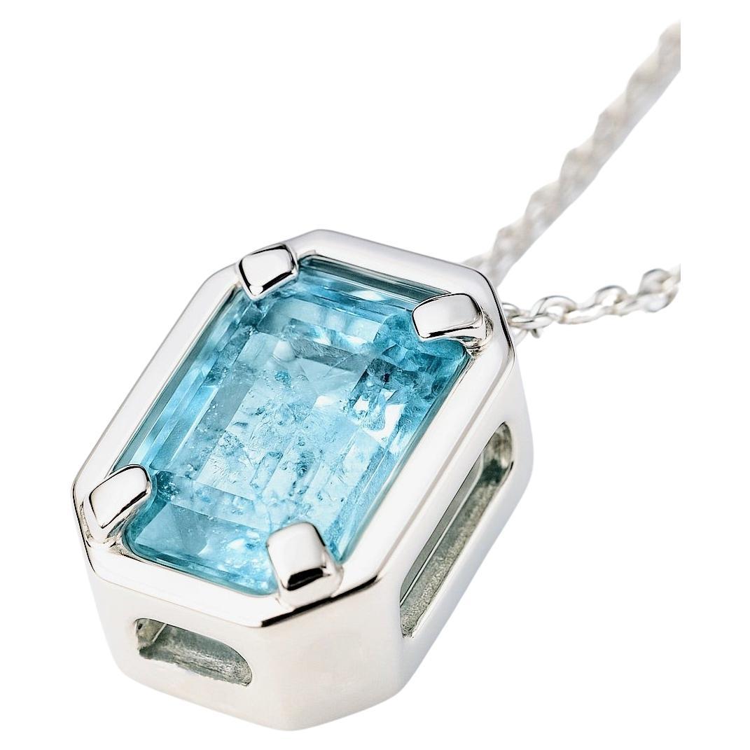 Modern Rectangle Cut Aquamarine Necklace Pendant Sterling Silver For Sale