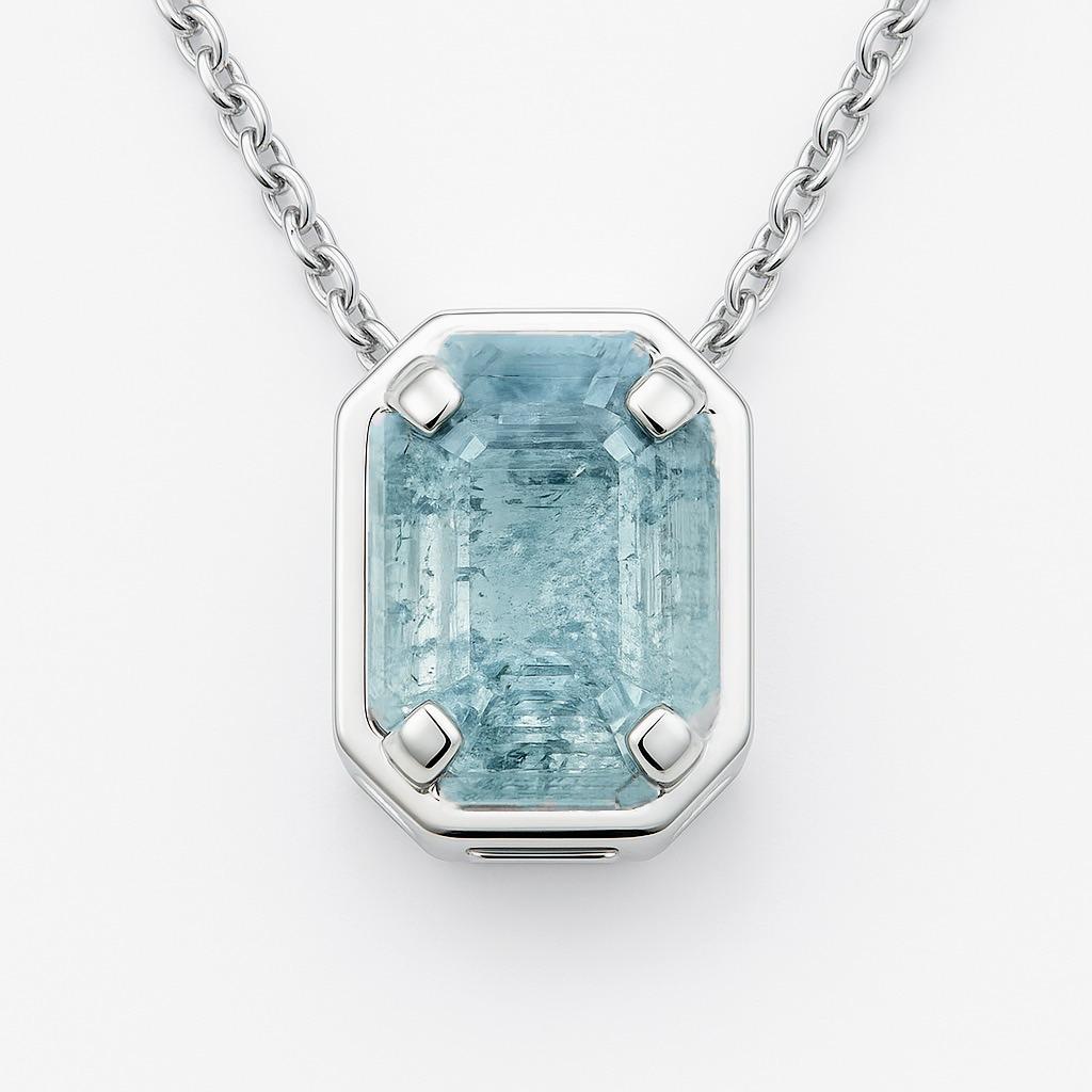 Rectangle Cut Aquamarine Necklace Pendant Sterling Silver For Sale 1