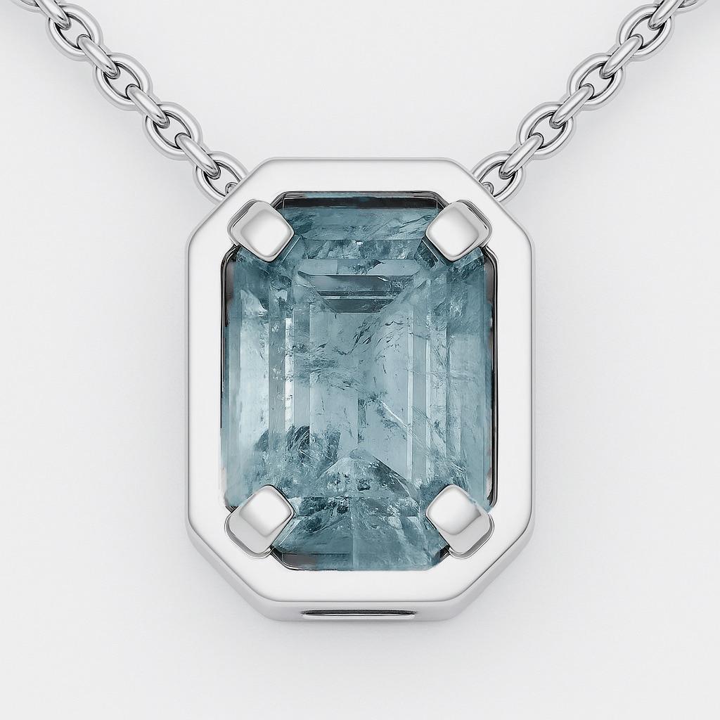 Rectangle Cut Aquamarine Necklace Pendant Sterling Silver For Sale 2