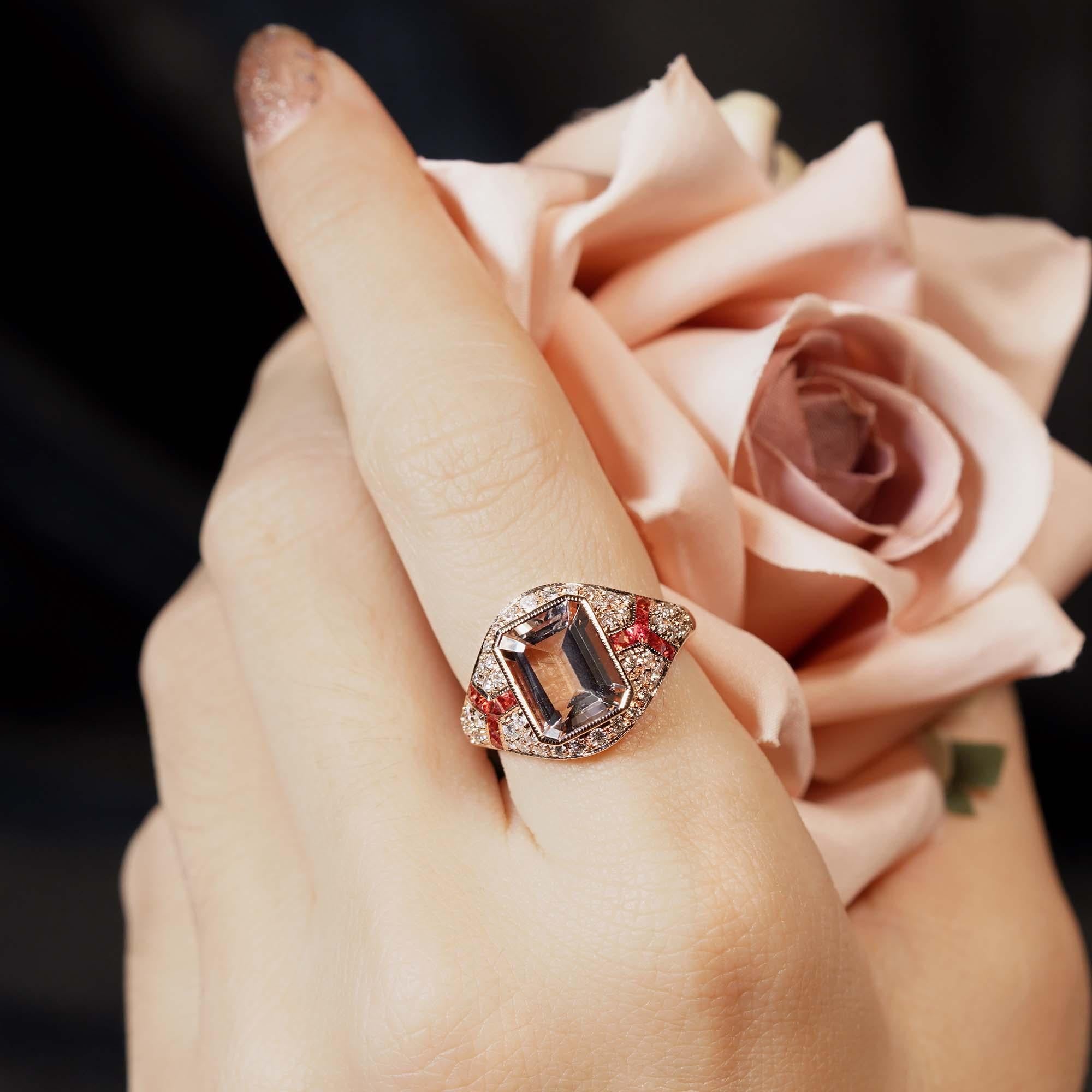 Bague rose Morgane rose à taille rectangulaire, saphir orange, diamant, style Art Déco en vente 4