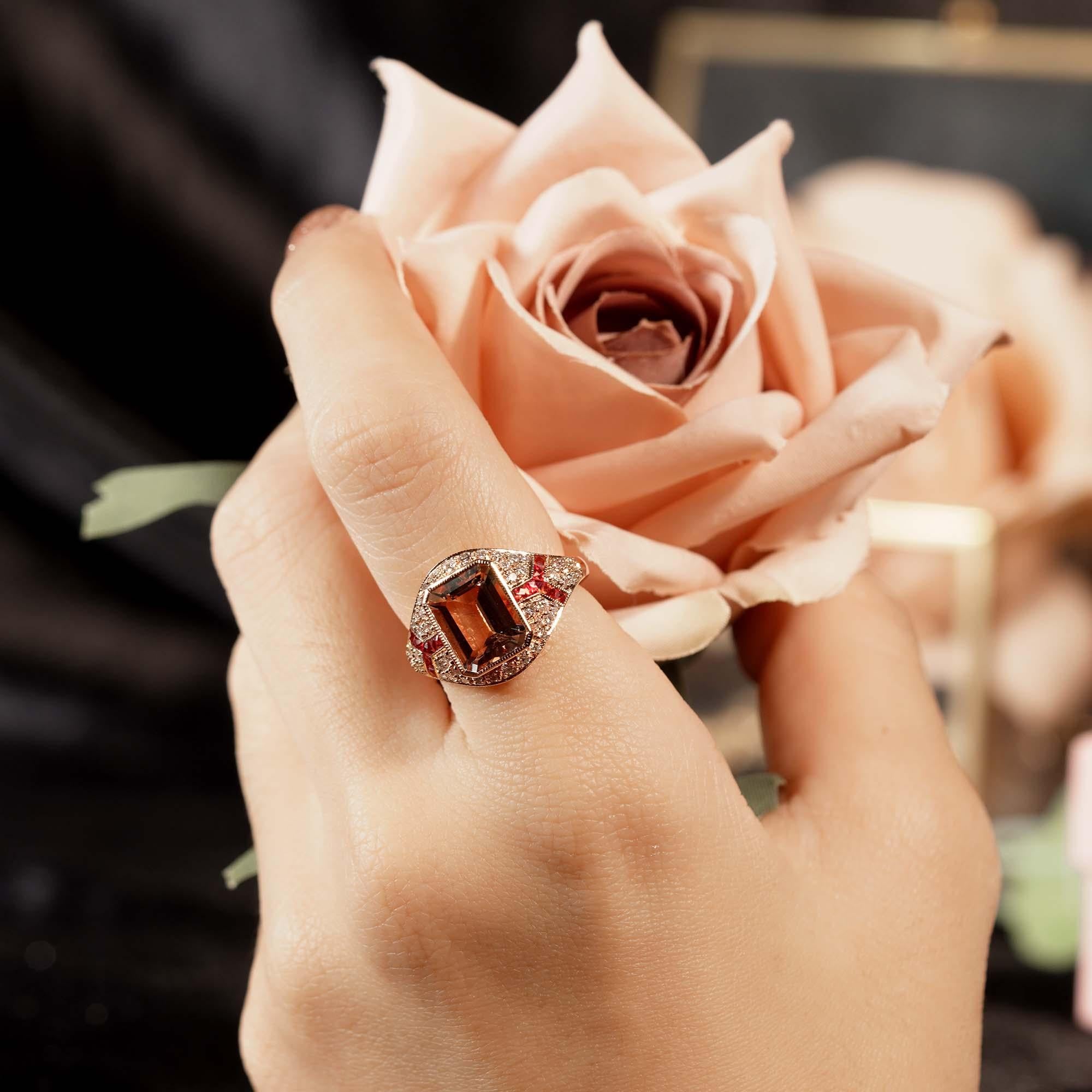 Bague rose Morgane rose à taille rectangulaire, saphir orange, diamant, style Art Déco en vente 5