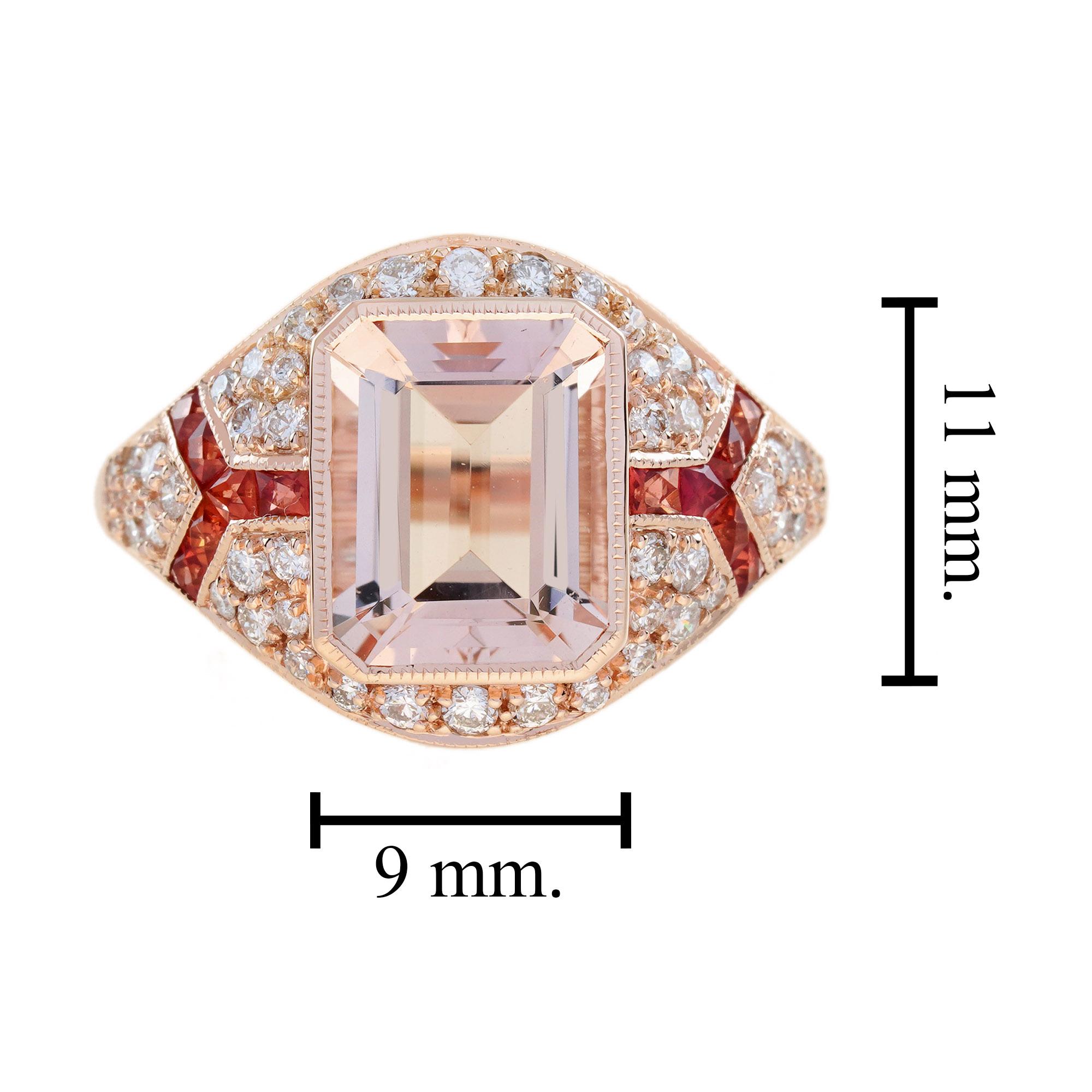 Bague rose Morgane rose à taille rectangulaire, saphir orange, diamant, style Art Déco en vente 7