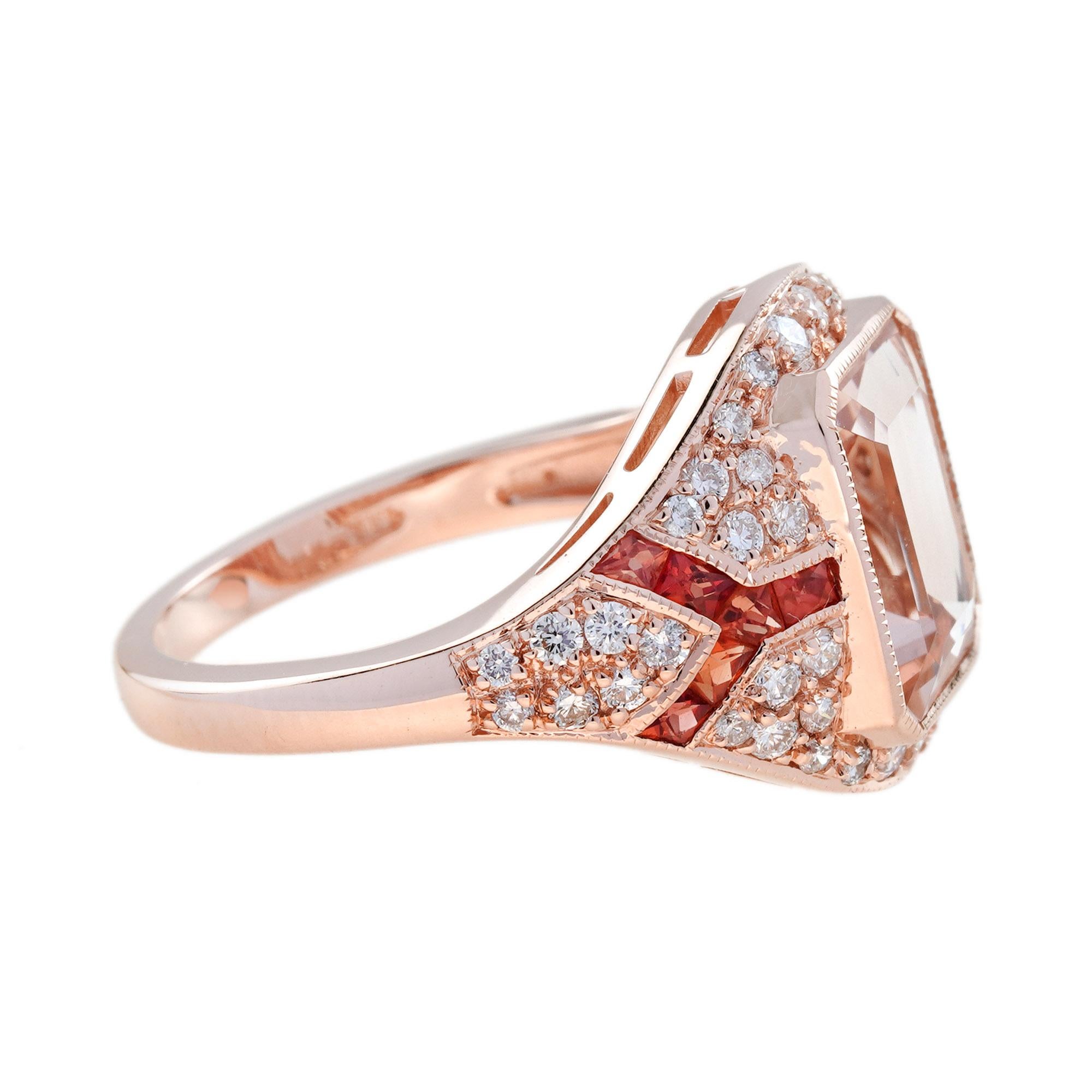 Art déco Bague rose Morgane rose à taille rectangulaire, saphir orange, diamant, style Art Déco en vente