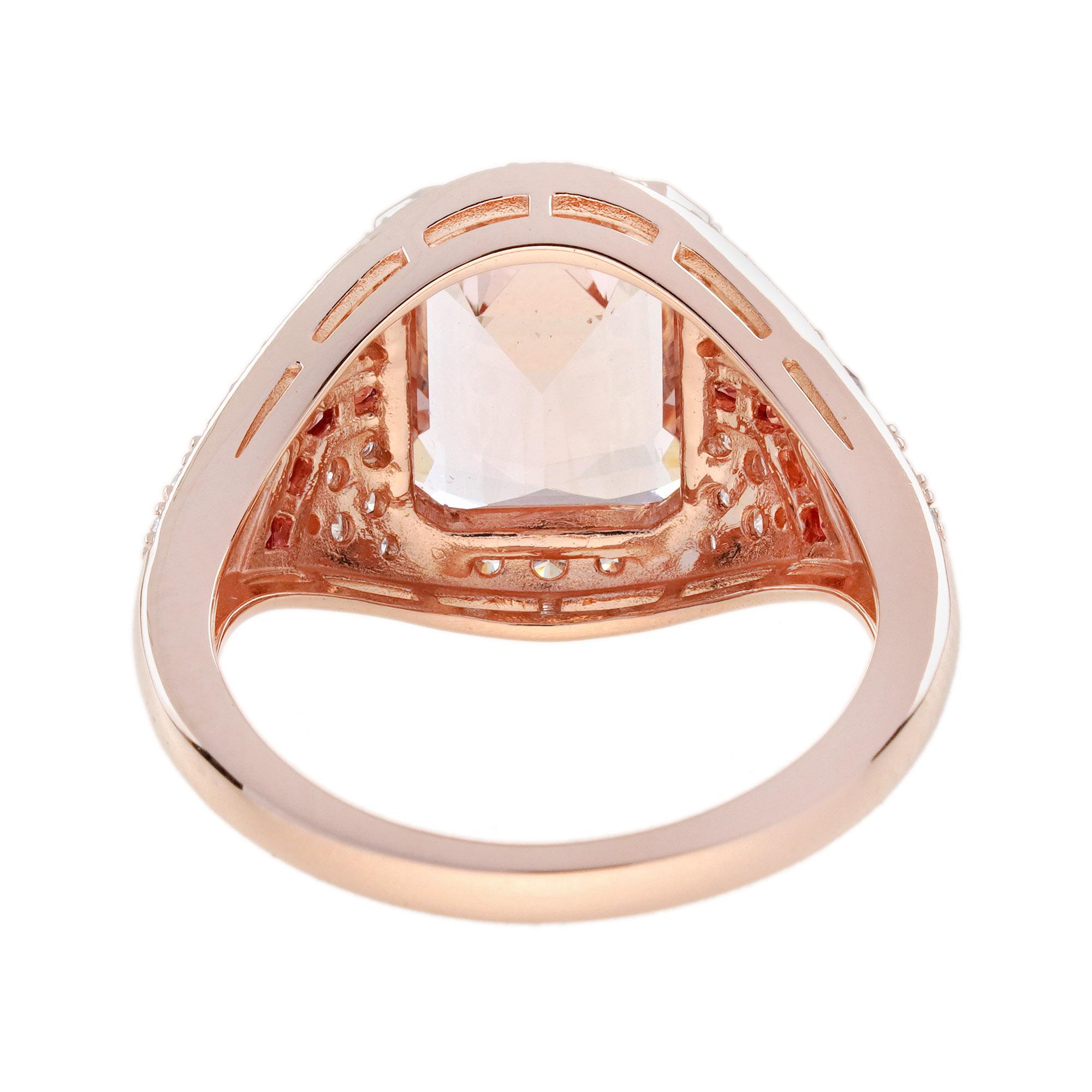 Taille émeraude Bague rose Morgane rose à taille rectangulaire, saphir orange, diamant, style Art Déco en vente
