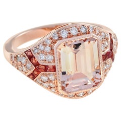 Rectangle Cut Pink Morganite Orange Sapphire Diamond Art Deco Style Rose Ring