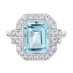 Rectangle Emerald Cut Blue Aquamarine & Diamond Art Deco Style White Gold Ring