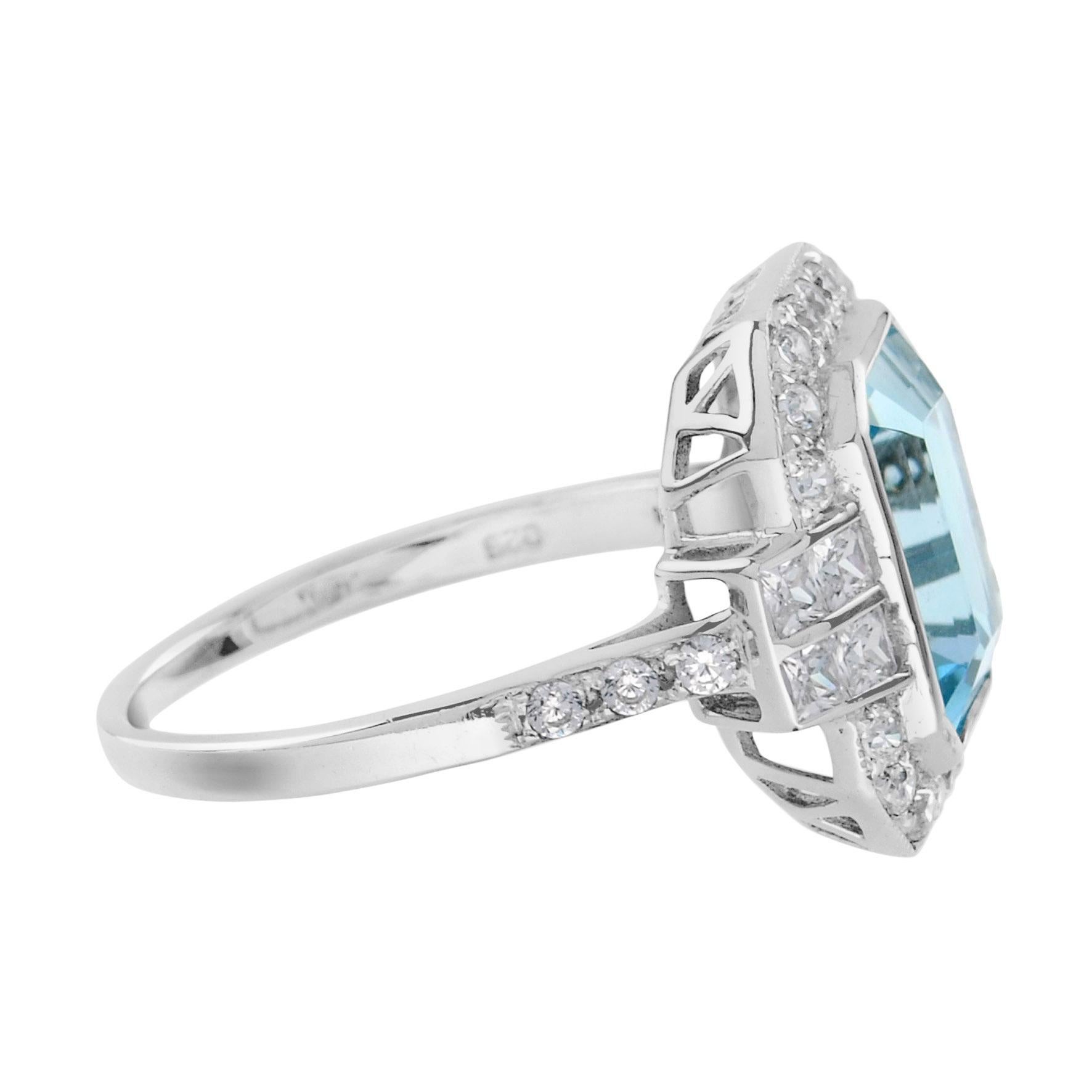 Taille émeraude Bague rectangulaire en or blanc avec aigue-marine bleue taillée en émeraude et diamant de style Art déco en vente