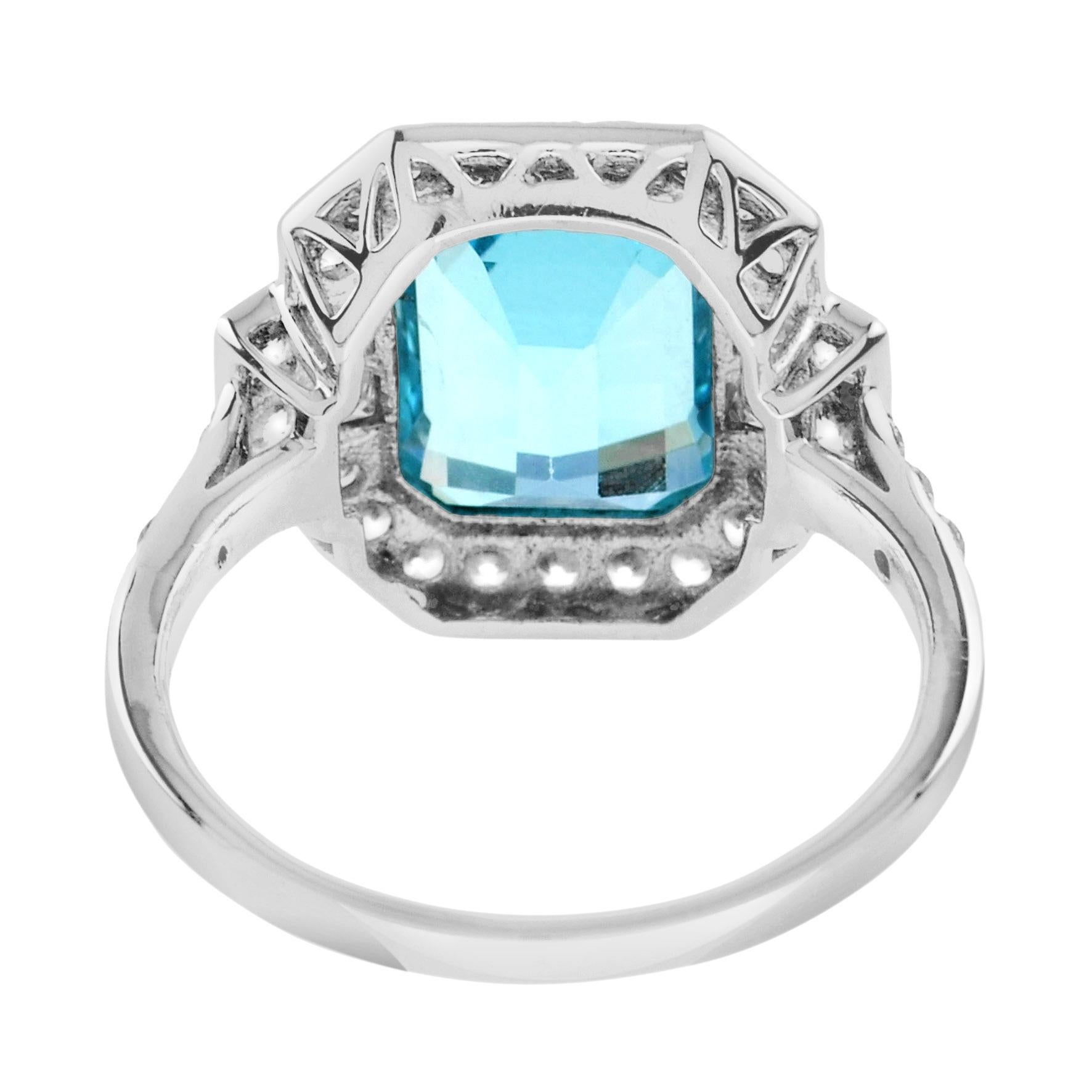 Bague rectangulaire en or blanc avec aigue-marine bleue taillée en émeraude et diamant de style Art déco Neuf - En vente à Oakton, VA