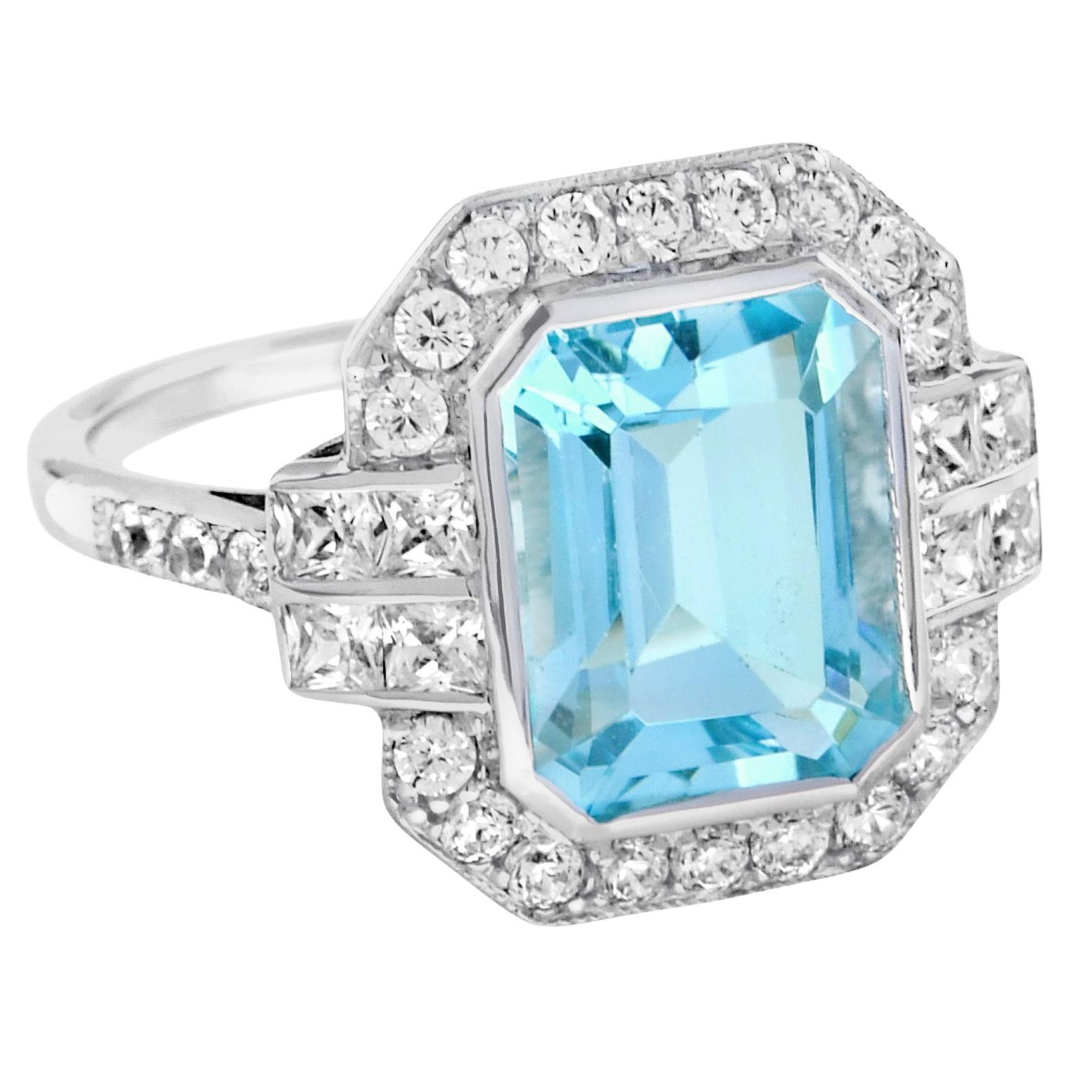 Rectangle Emerald Cut Blue Aquamarine & Diamond Art Deco Style White Gold Ring