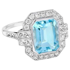 Rectangle Emerald Cut Blue Aquamarine & Diamond Art Deco Style White Gold Ring