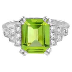 Rectangle Emerald Cut Green Peridot & Steps Diamond Filigree 14K White Gold Ring