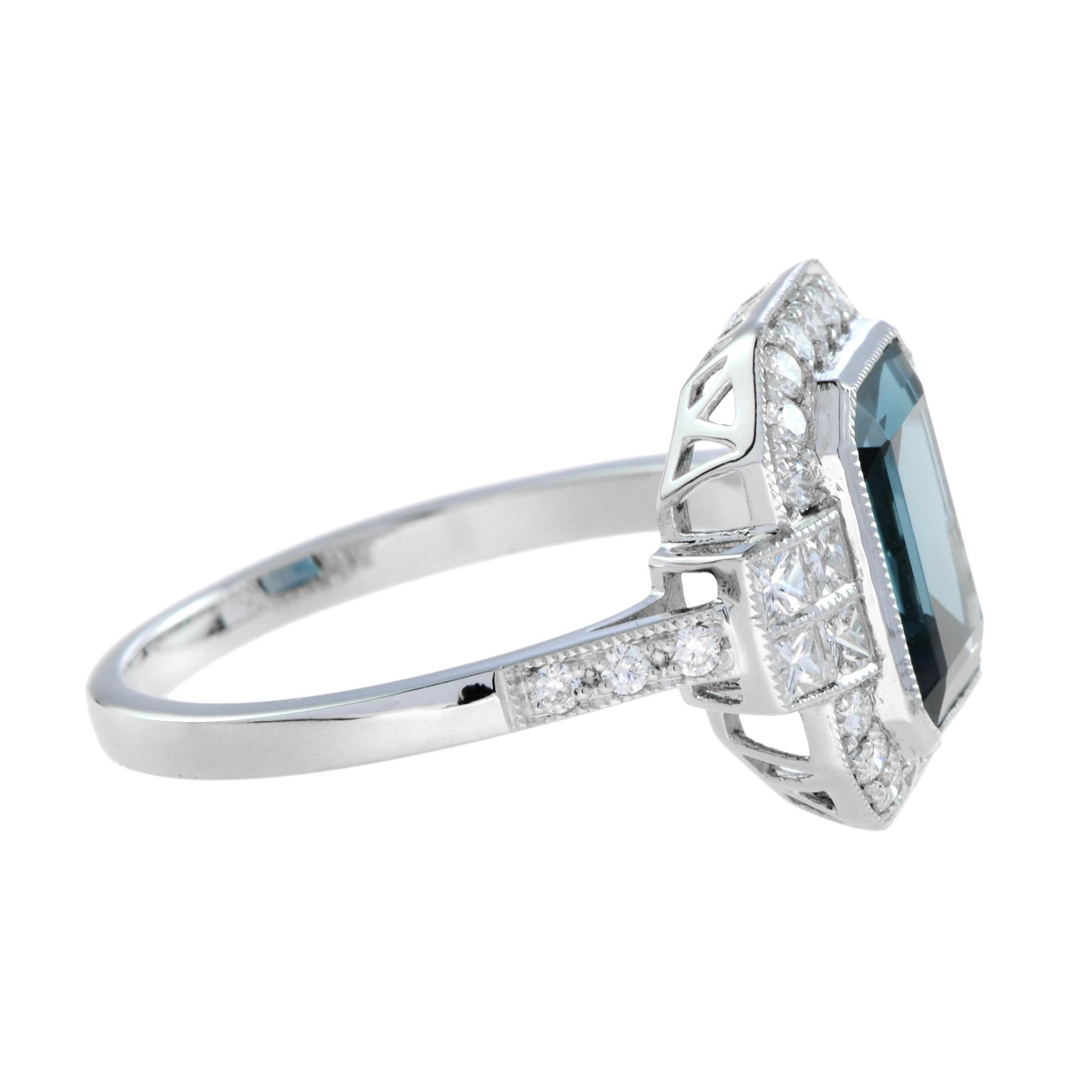 Art Deco Rectangle Emerald Cut London Blue Topaz & Diamond Halo Engagement Platinum Ring For Sale