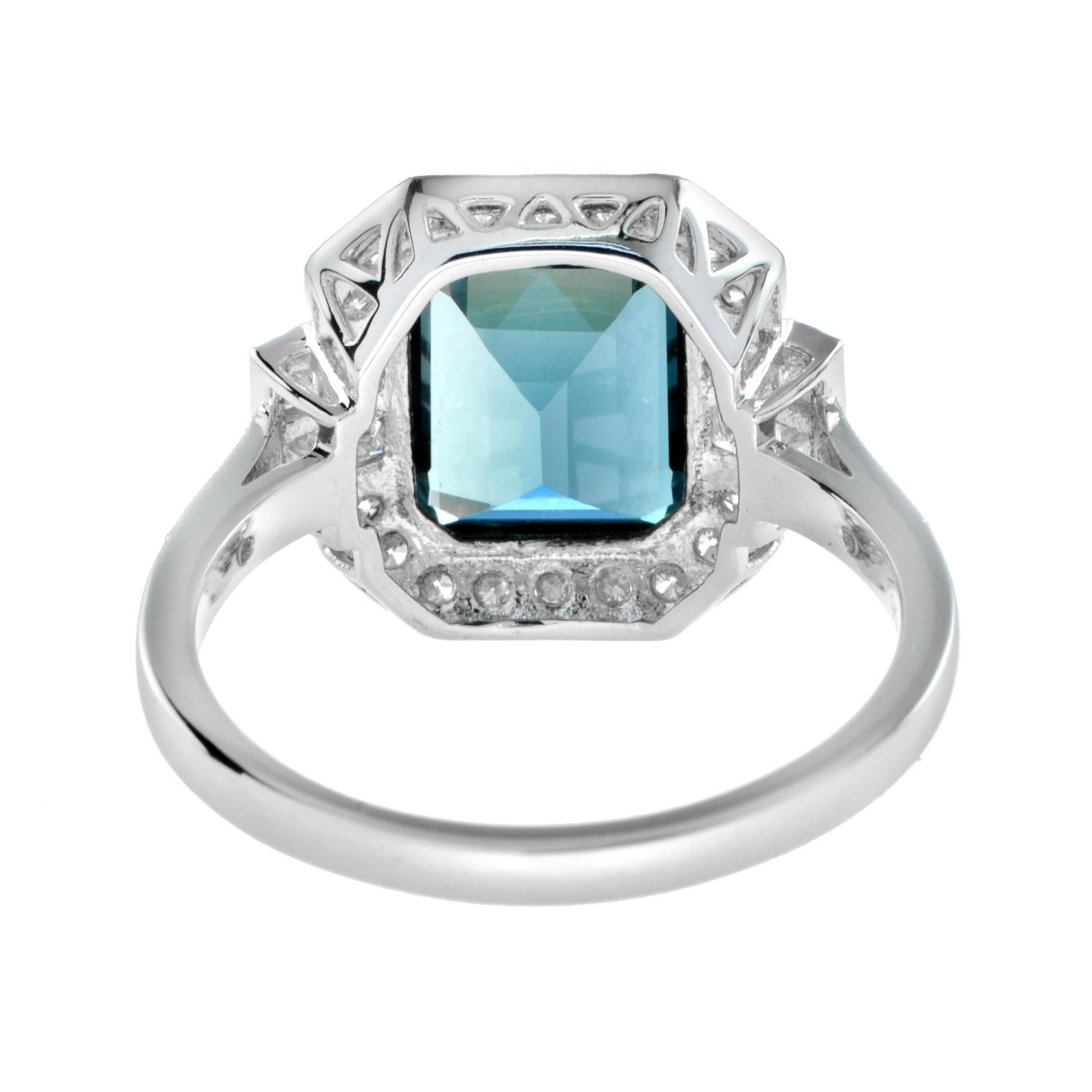 Rectangle Emerald Cut London Blue Topaz & Diamond Halo Engagement Platinum Ring In New Condition For Sale In Oakton, VA