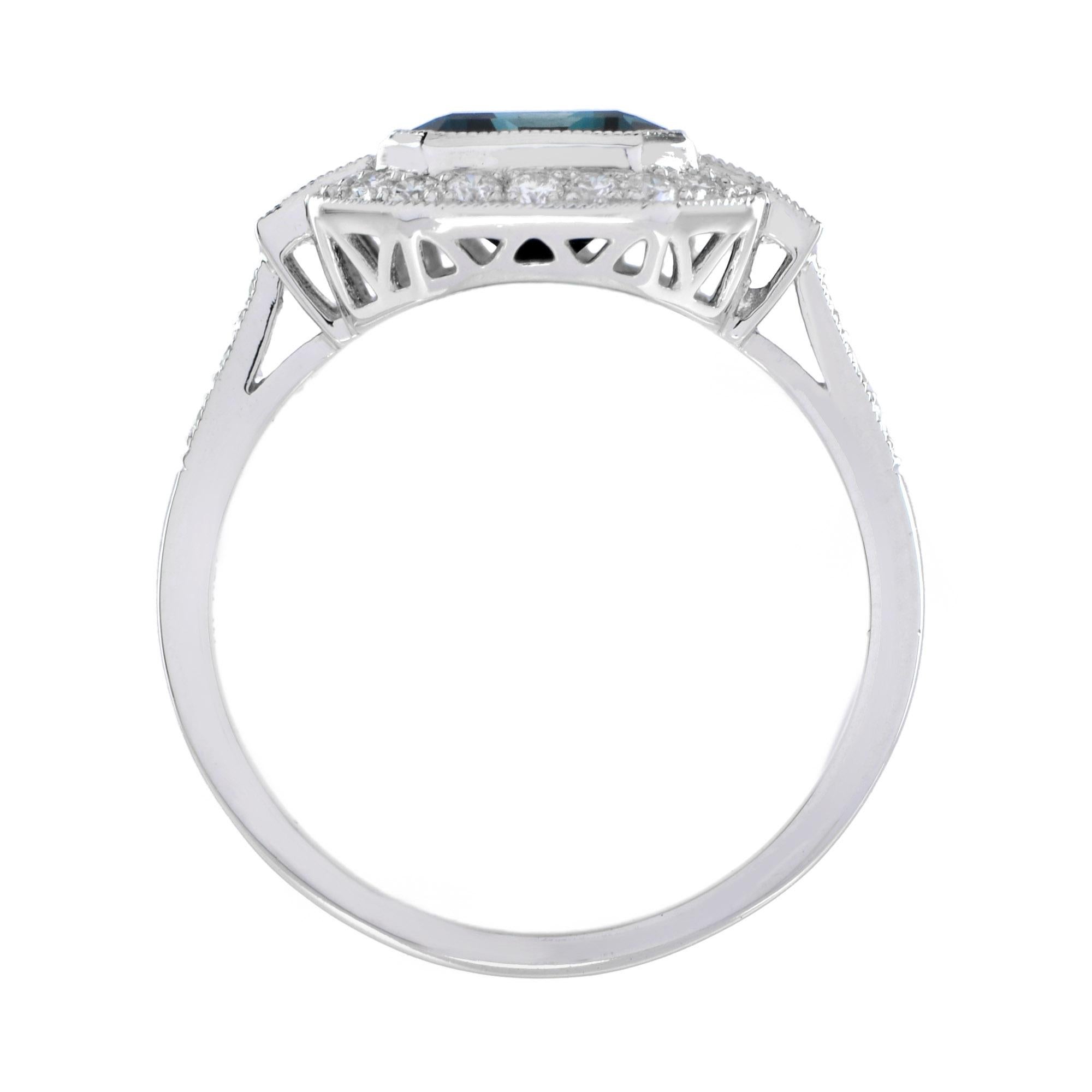 Women's Rectangle Emerald Cut London Blue Topaz & Diamond Halo Engagement Platinum Ring For Sale