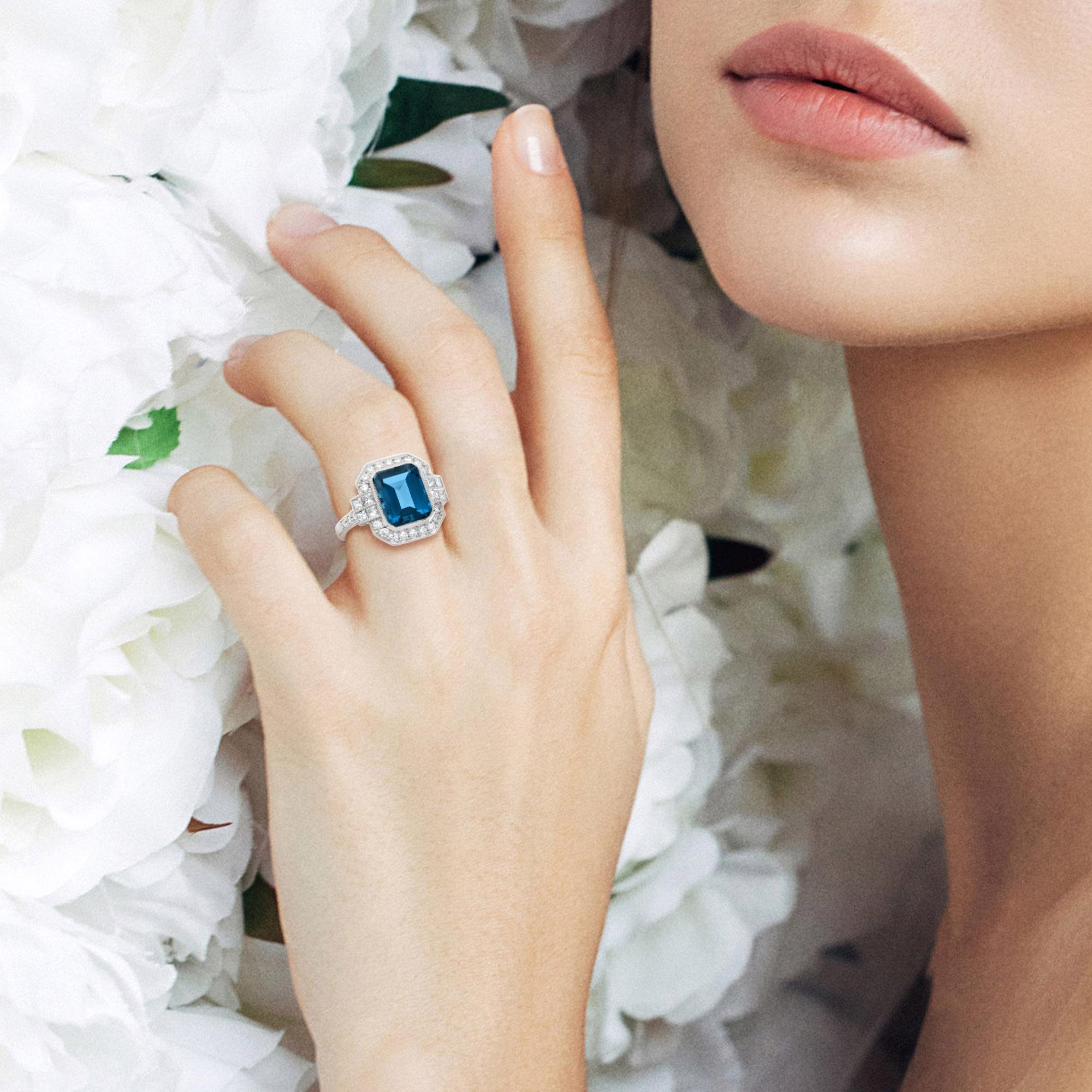 Rectangle Emerald Cut London Blue Topaz & Diamond Halo Engagement Platinum Ring For Sale 3