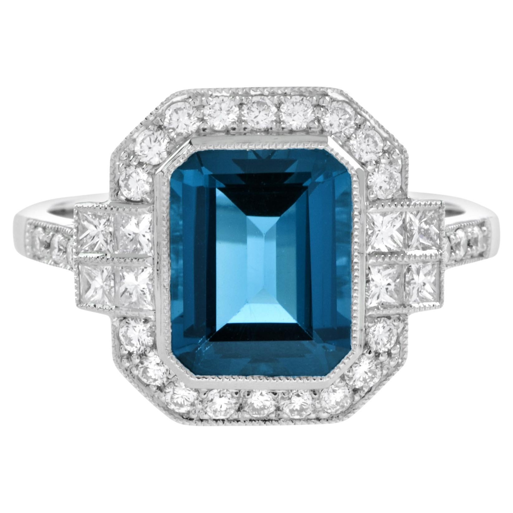 Rectangle Emerald Cut London Blue Topaz & Diamond Halo Engagement Platinum Ring