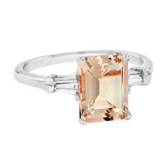 Rectangle Emerald Cut Peach Orange Morganite Side Baguette Diamond 14K Gold Ring