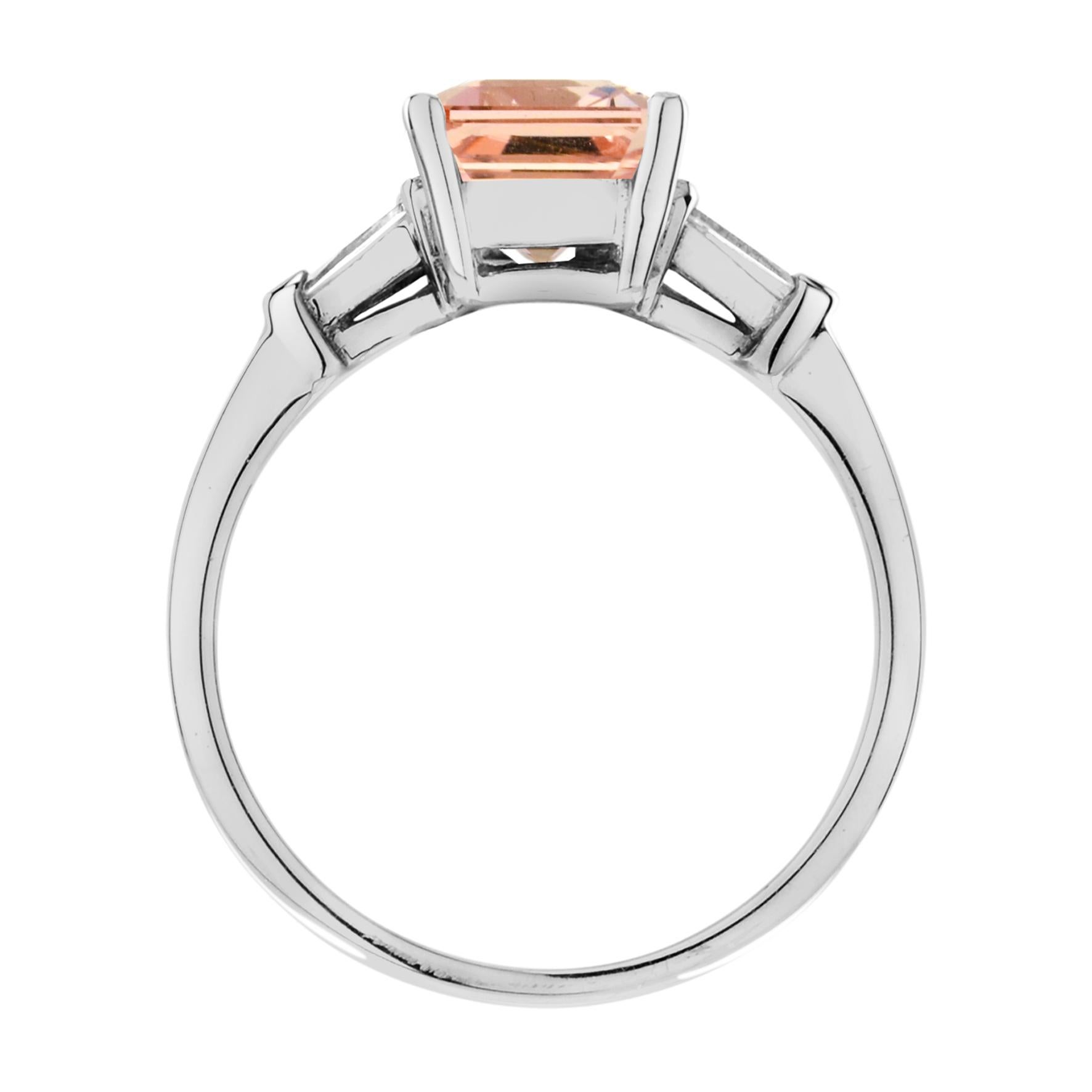 Women's Rectangle Emerald Cut Peach Orange Morganite Side Baguette Diamond 14K Gold Ring For Sale