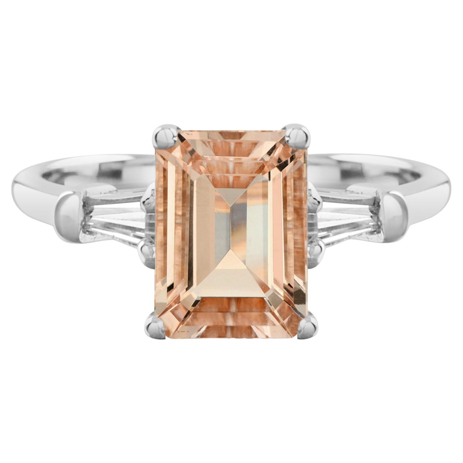 Rectangle Emerald Cut Peach Orange Morganite Side Baguette Diamond 14K Gold Ring