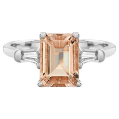 Rectangle Emerald Cut Peach Orange Morganite Side Baguette Diamond 14K Gold Ring