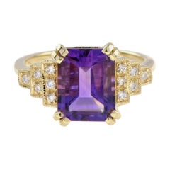 Rectangle Emerald Cut Purple Violet Amethyst & Diamond Step 14K Yellow Gold Ring