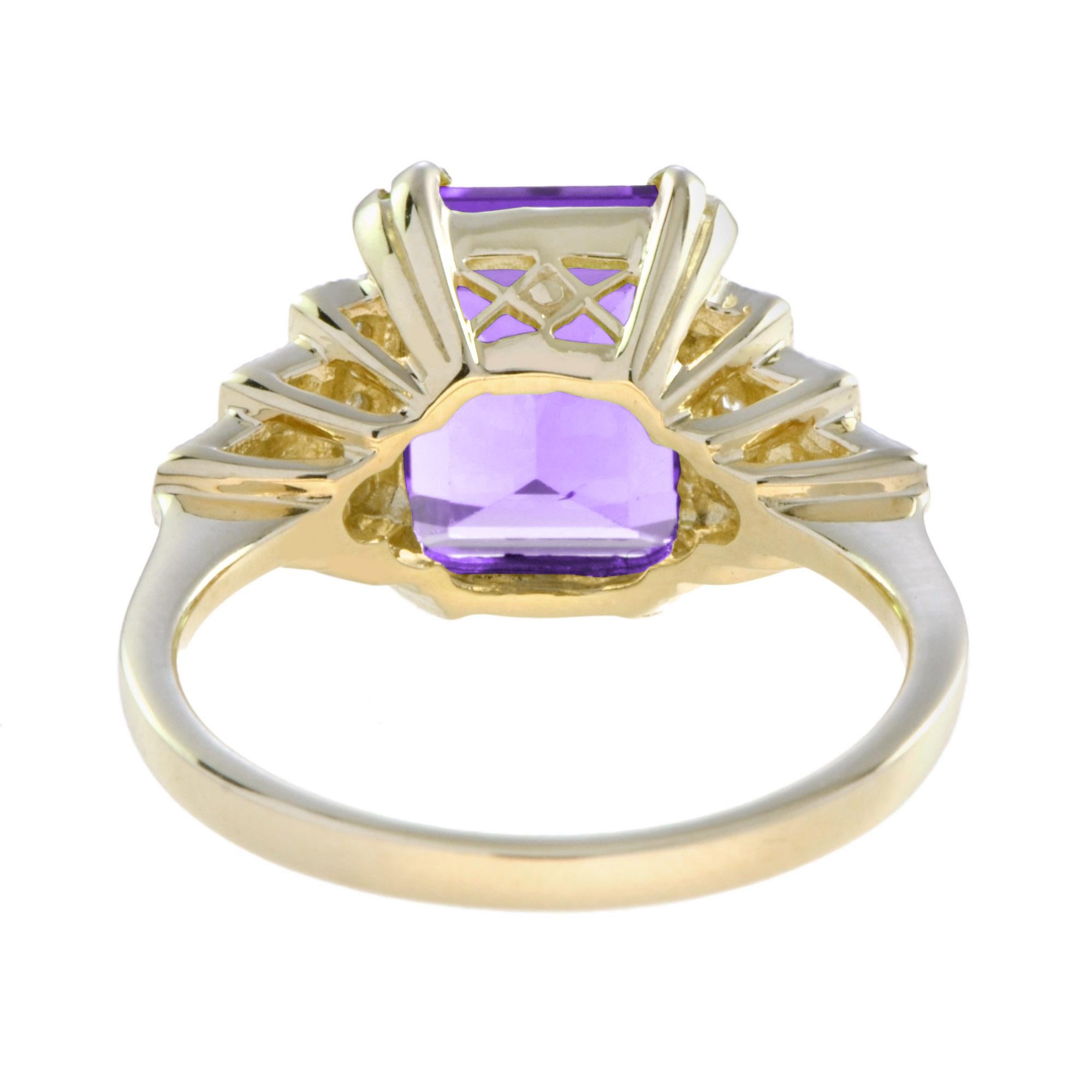 Taille émeraude Bague rectangulaire en or jaune 14 carats, taille émeraude, améthyste violette et diamant en vente
