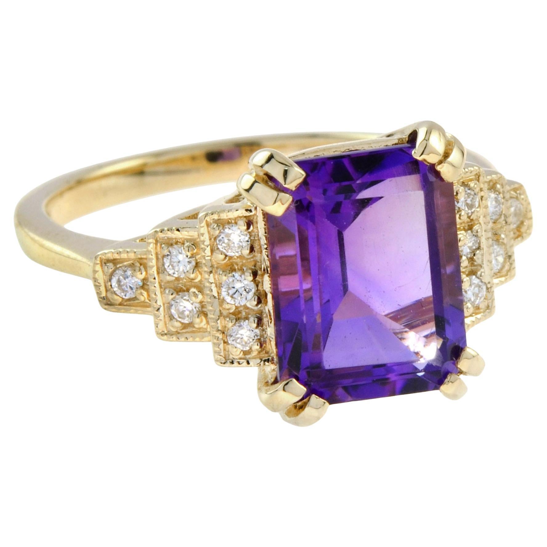 Rectangle Emerald Cut Purple Violet Amethyst & Diamond Step 14K Yellow Gold Ring