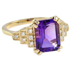 Rectangle Emerald Cut Purple Violet Amethyst & Diamond Step 14K Yellow Gold Ring