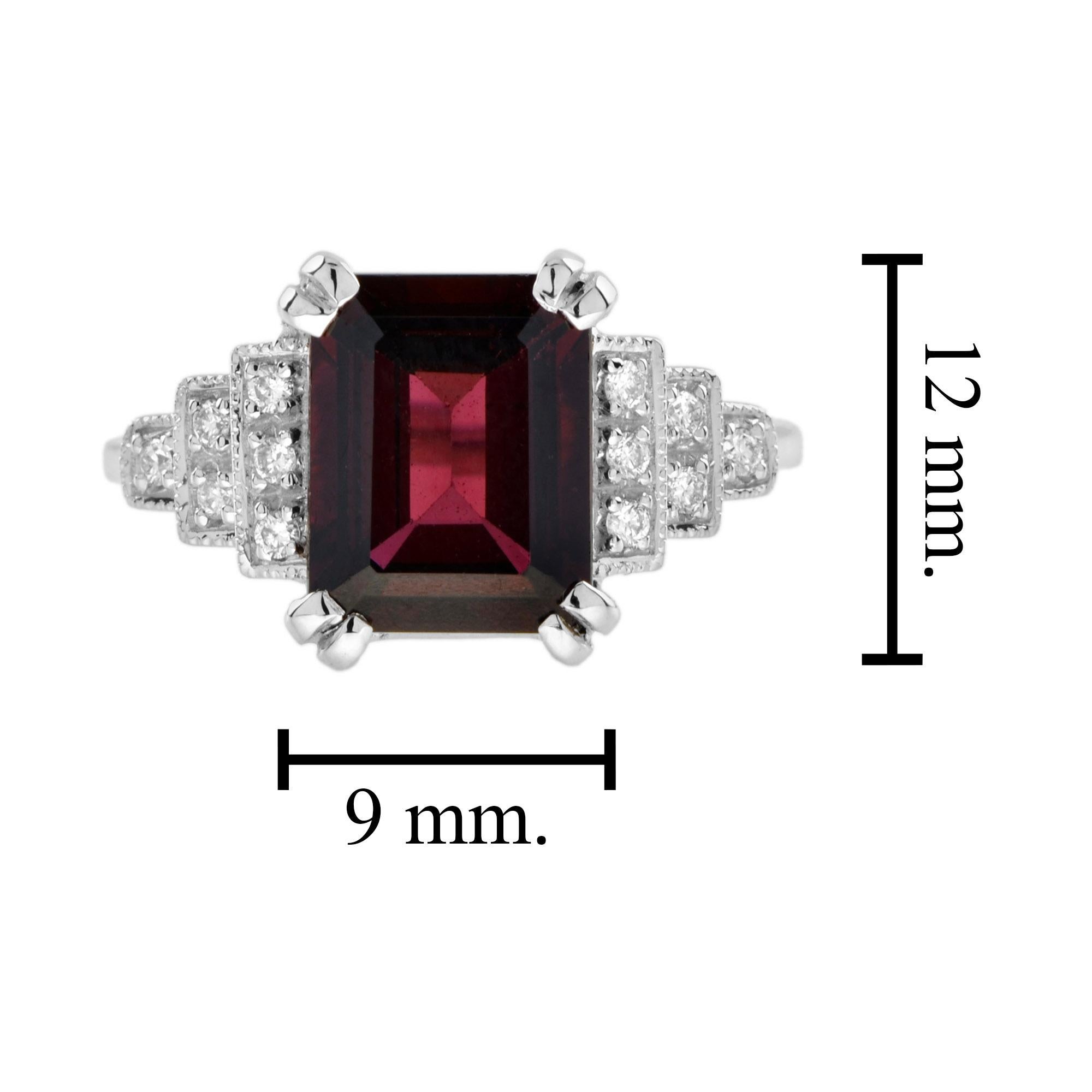 Rectangle Emerald Cut Red Rhodolite & Diamond Step Shoulder 14K White Gold Ring en venta 7