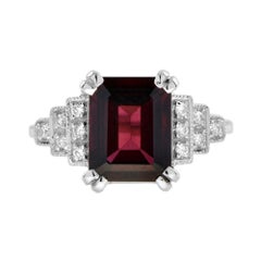 Rectangle Emerald Cut Red Rhodolite & Diamond Step Shoulder 14K White Gold Ring