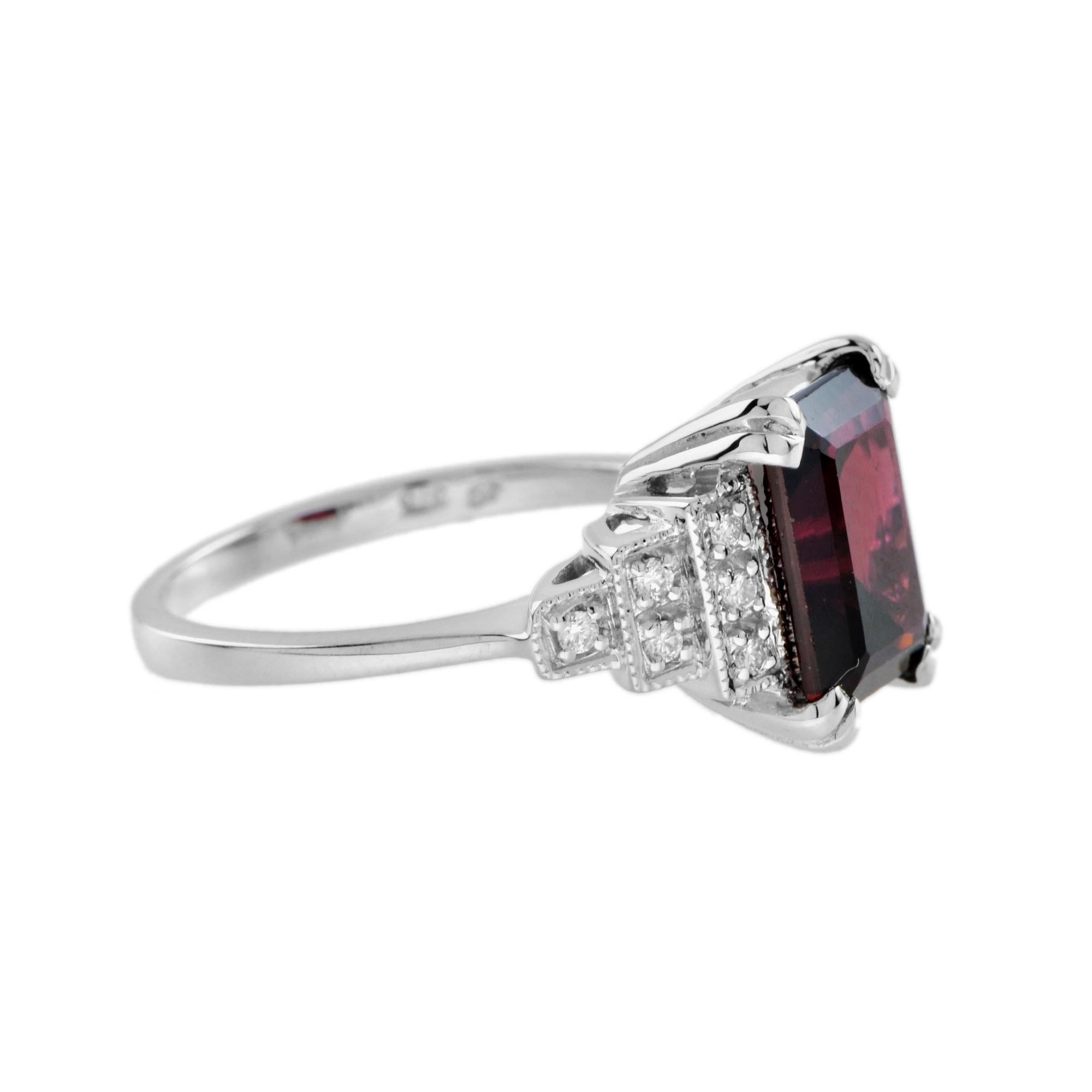 Rectangle Emerald Cut Red Rhodolite & Diamond Step Shoulder 14K White Gold Ring Art Decó en venta