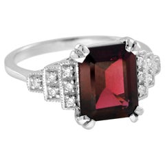 Rectangle Emerald Cut Red Rhodolite & Diamond Step Shoulder 14K White Gold Ring