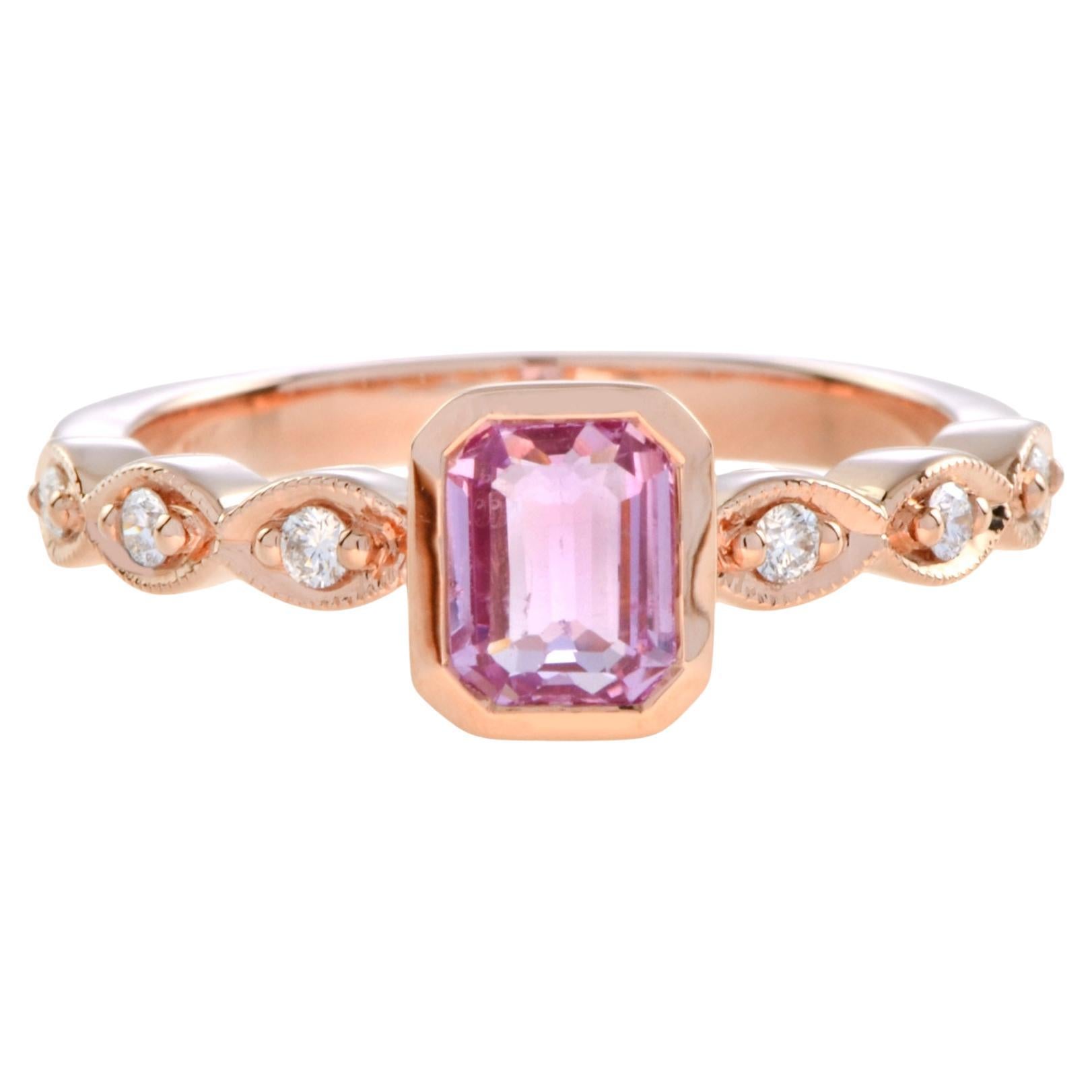 Rectangle Emerald Shape Cut Pink Sapphire & Diamond 18K Rose Gold Ring