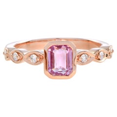 Rectangle Emerald Shape Cut Pink Sapphire & Diamond 18K Rose Gold Ring