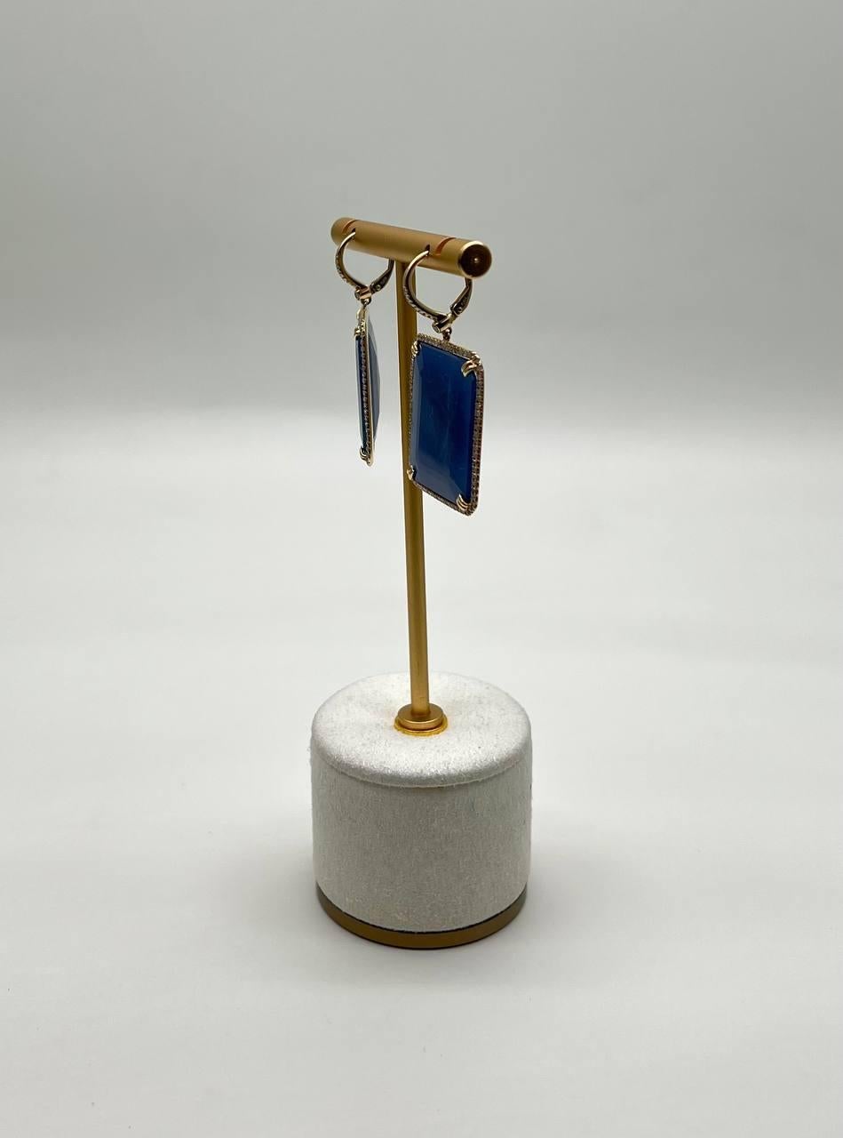 Rectangle Faceted Cabochon Blue Sapphire Diamond Halo 14K Gold Dangling Earrings For Sale 6
