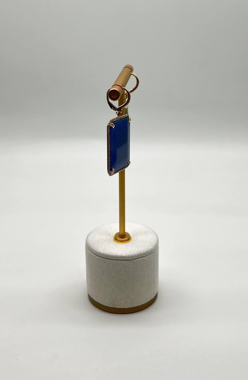 Rectangle Faceted Cabochon Blue Sapphire Diamond Halo 14K Gold Dangling Earrings For Sale 8