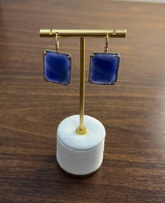 Rectangle Faceted Cabochon Blue Sapphire Diamond Halo 14K Gold Dangling Earrings