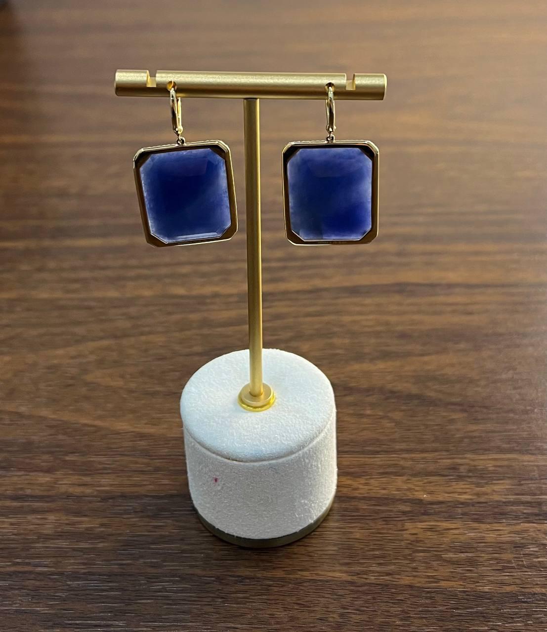 Rectangle Faceted Cabochon Blue Sapphire Diamond Halo 14K Gold Dangling Earrings In New Condition For Sale In Oakton, VA