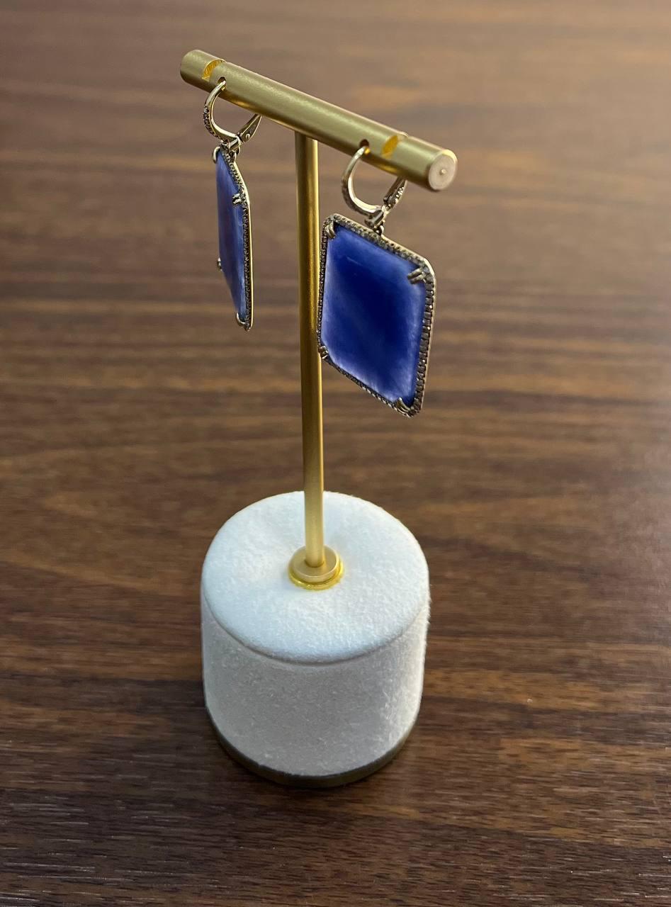 Rectangle Faceted Cabochon Blue Sapphire Diamond Halo 14K Gold Dangling Earrings For Sale 2