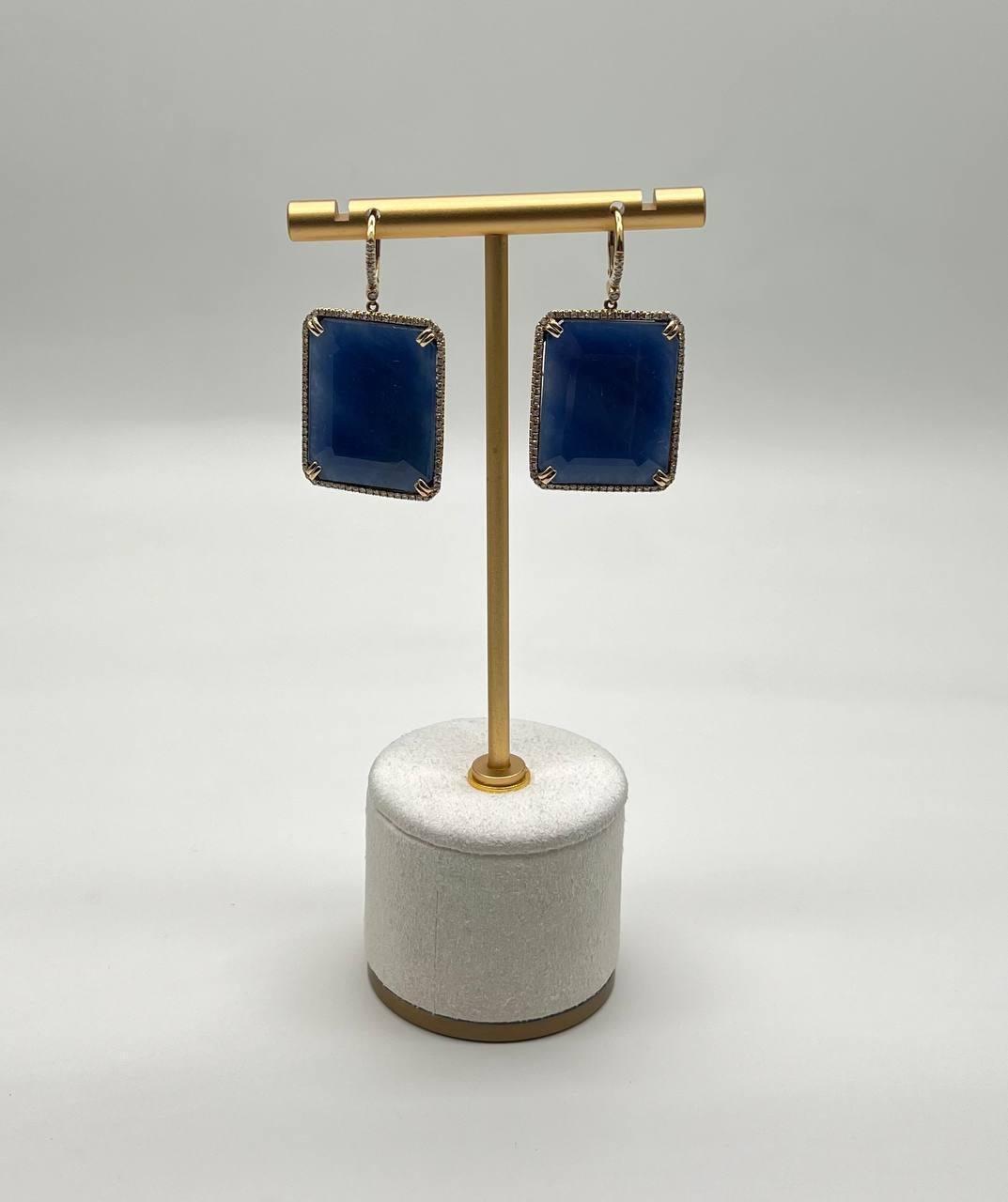Rectangle Faceted Cabochon Blue Sapphire Diamond Halo 14K Gold Dangling Earrings For Sale 3