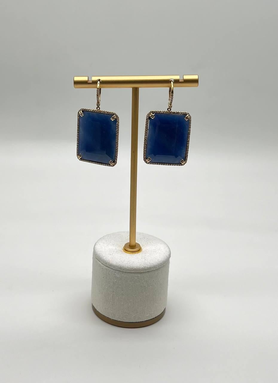Rectangle Faceted Cabochon Blue Sapphire Diamond Halo 14K Gold Dangling Earrings For Sale 4