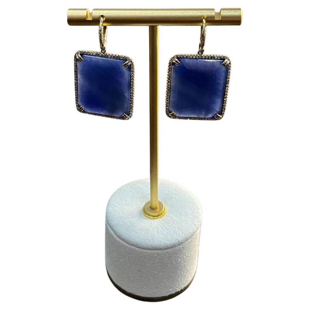Rectangle Faceted Cabochon Blue Sapphire Diamond Halo 14K Gold Dangling Earrings