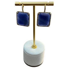 Pendientes Colgantes Rectángulo Cabujón Facetado Zafiro Azul Diamante Halo Oro 14K