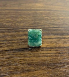 Rectangle Faceted Emerald Shape Green Sapphire Cabochon 14K Gold Diamond Ring