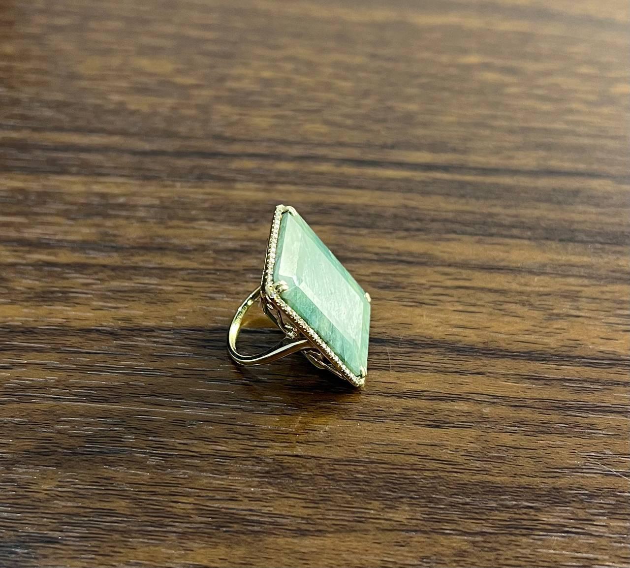 Modern Rectangle Faceted Emerald Shape Green Sapphire Cabochon 14K Gold Diamond Ring For Sale