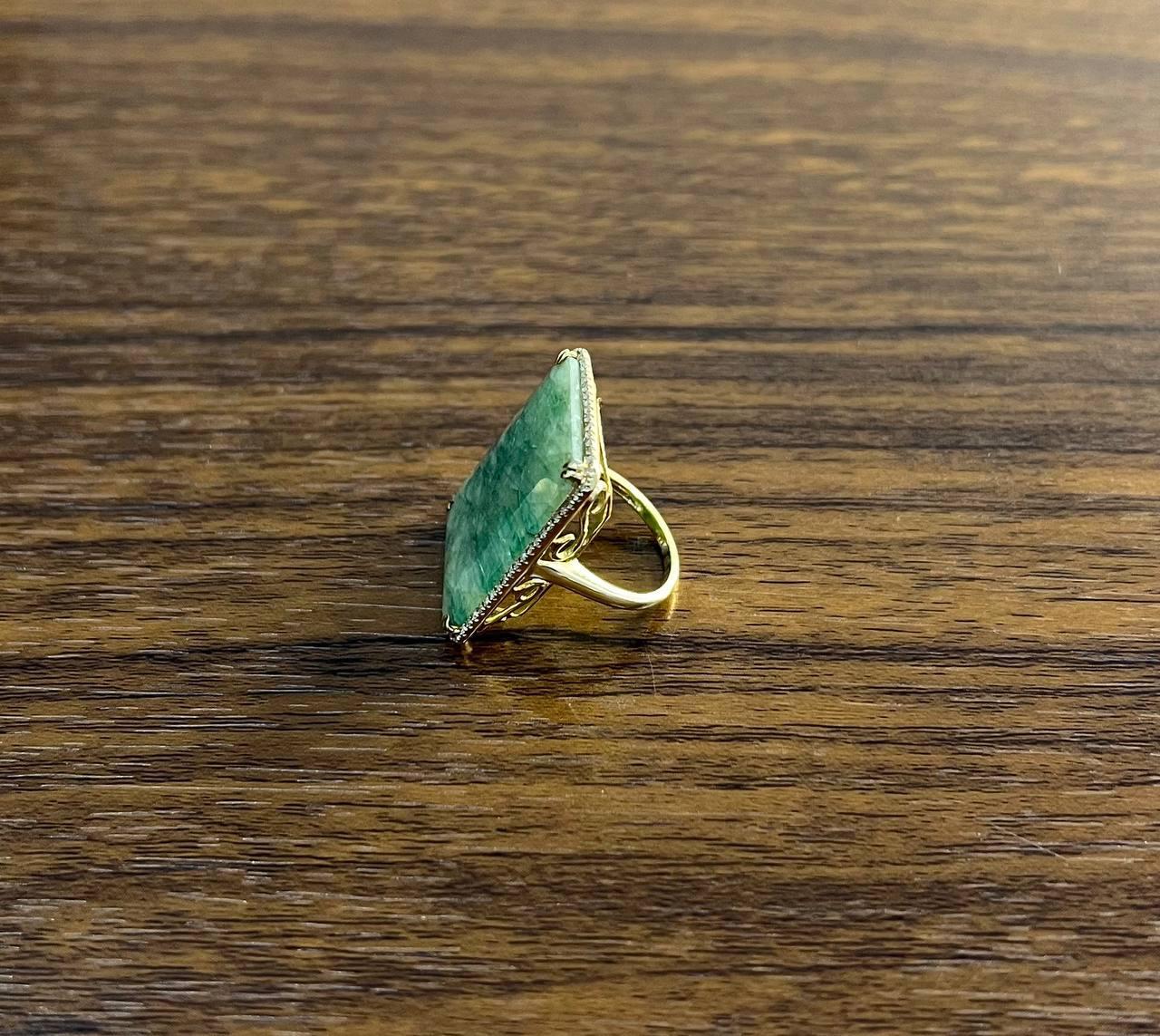 Emerald Cut Rectangle Faceted Emerald Shape Green Sapphire Cabochon 14K Gold Diamond Ring For Sale