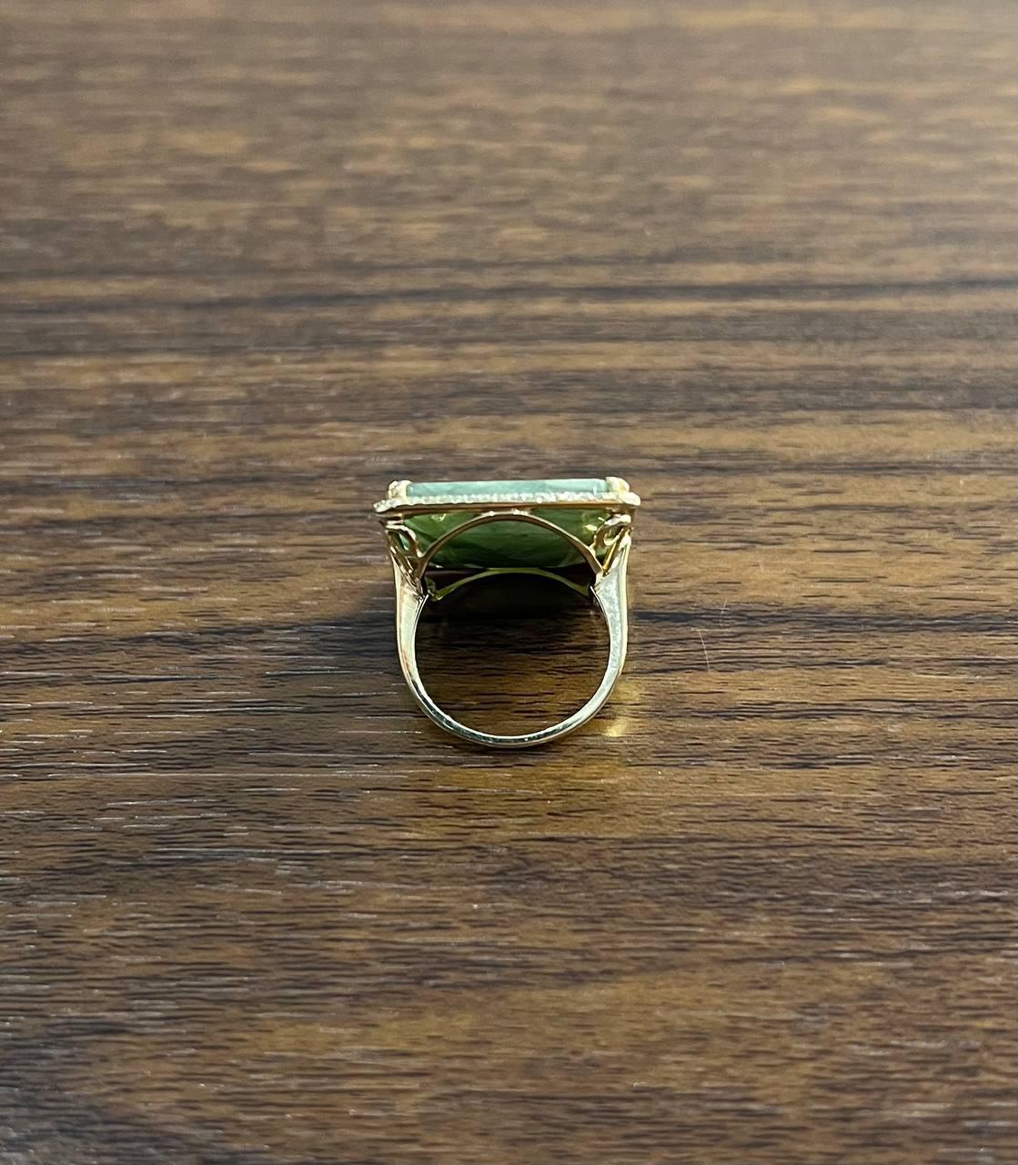 Rectangle Faceted Emerald Shape Green Sapphire Cabochon 14K Gold Diamond Ring In New Condition For Sale In Oakton, VA