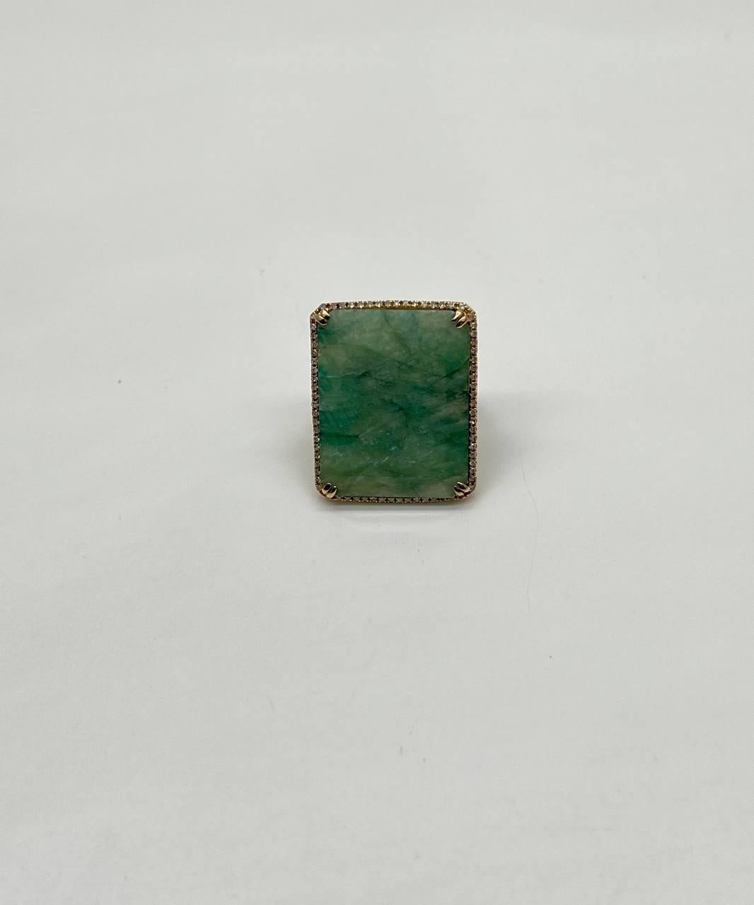 Women's Rectangle Faceted Emerald Shape Green Sapphire Cabochon 14K Gold Diamond Ring For Sale