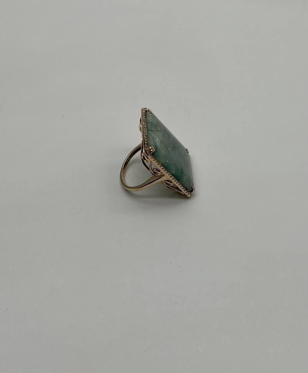 Rectangle Faceted Emerald Shape Green Sapphire Cabochon 14K Gold Diamond Ring For Sale 1